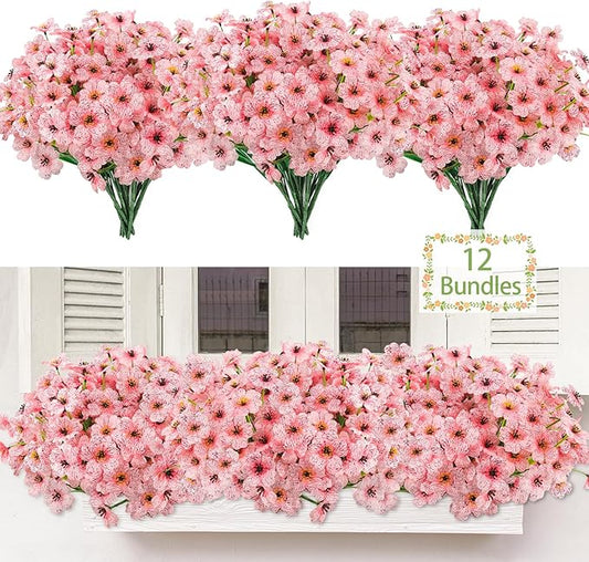 MACTING Artificial Flowers for Outdoors 12 Bundles Fake Flowers UV Resistant Faux Plastic Plants No Fade for Hanging Planters Window Patio Porch Garden Home Indoor Outdoor Summer Decorations(Pink)