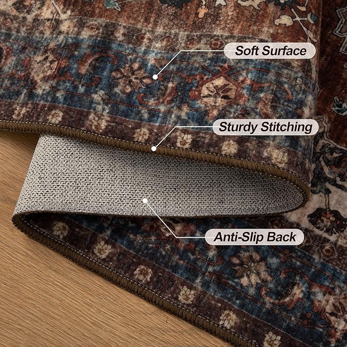 Tangsoo 6x9 Area Rug Washable Rugs for Living Room, Oriental Indoor Non Slip Large Area Rugs, Vintage Print Carpet, Soft Low Pile Foldable Floor Rug for Bedroom Dining Room Dorm