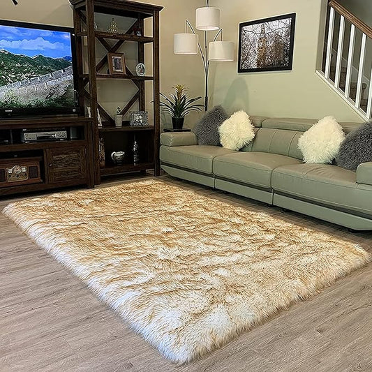 LAMBZY High Pile Super Soft Faux Sheepskin Rug (5'x8', White/Brown Tips)