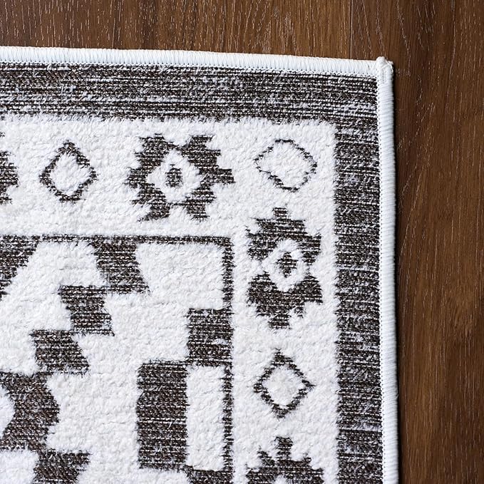 Moroccan Washable Runner Rug 2x6, Geometric Woven Area Rug, Farmhouse Boho Accent Hallway Runner Rug, Non-Slip Soft Low Pile Throw Mat for Living Room Laundry Entryway, Dark Brown/White