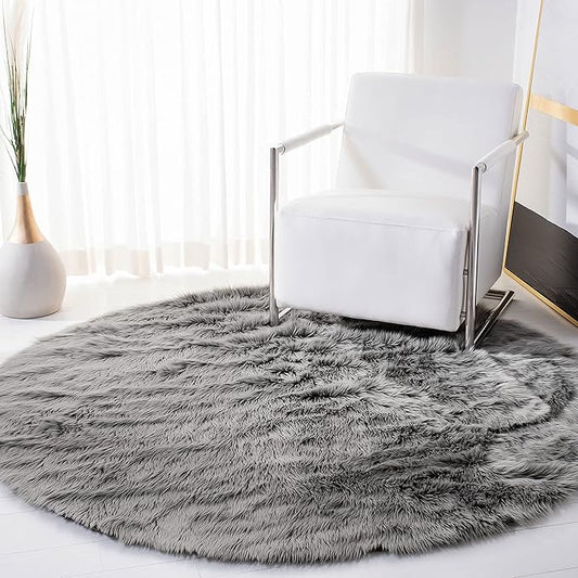 SAFAVIEH Faux Sheep Skin Collection Area Rug - 3' Round, Grey, Silken Glam Design, Non-Shedding & Easy Care, 2.35-inch Thick Ideal for High Traffic Areas in Living Room, Bedroom (FSS235D)