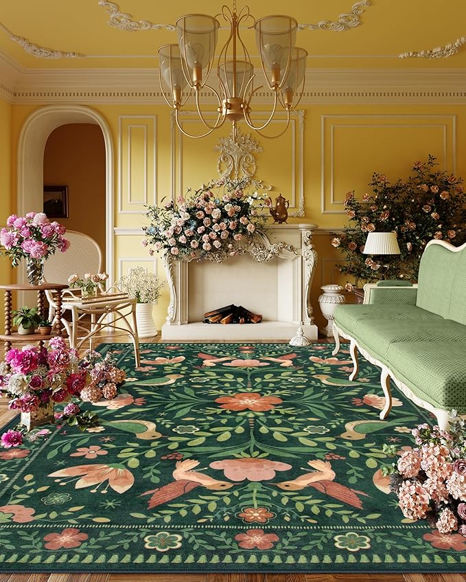 Moynesa Area Rugs 9x12 Green Vintage Home Decor, Modern Cottage Farmhouse Aesthetic Floral Bird Medallion Carpet for for Living Room Bedroom Dining Room,Non-Slip Washable Floor Protection
