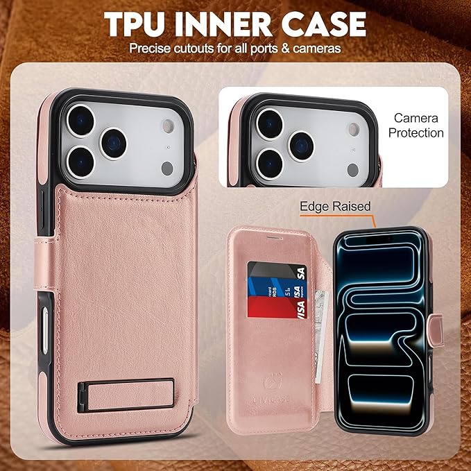 CIVICASE for iPhone 17 Pro Max Wallet Case with Stand,PU Leather Flip Credit Card Holder Slots (RFID Blocking),Compatible with Magsafe Magnetic Holder Phone Cover Women Men,Rose Gold