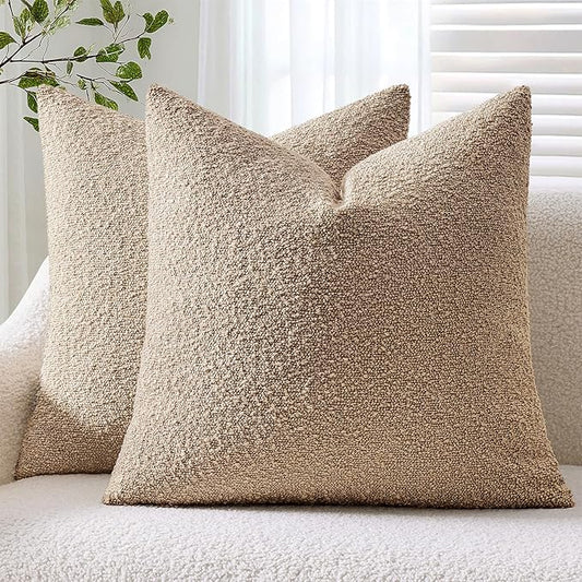 ANRODUO Pack of 2 Textured Boucle Throw Pillow Covers Soft Camel Euro Decorative Accent Solid Pillow Cases Cozy Modern Couch Cushion Case for Chair Sofa Bedroom Living Room Home Decor, 24 x 24 Inch