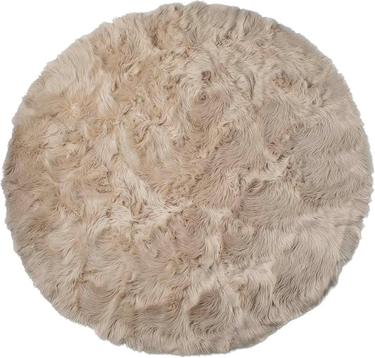 Luxe Gordon Faux Fur Rug with Soft and Fluffy Pile | Machine Washable Living Room Rug with Anti-Slip Backing | Cruelty-Free Area Rugs for Office or Bedroom, Taupe, 6 ft Dia.