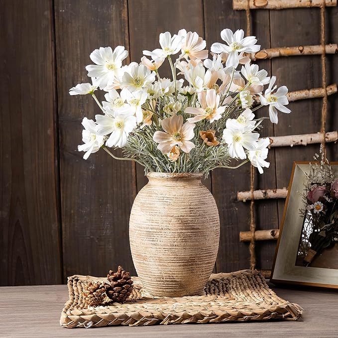 Rustic Ceramic Flower Vase - 8in Vintage erracotta Vase for Home Decor - Christmas Decorative TFlower Bud Vases, Mondern Farmhouse Vase - Living Room Shelf Decor Table, Lyeec