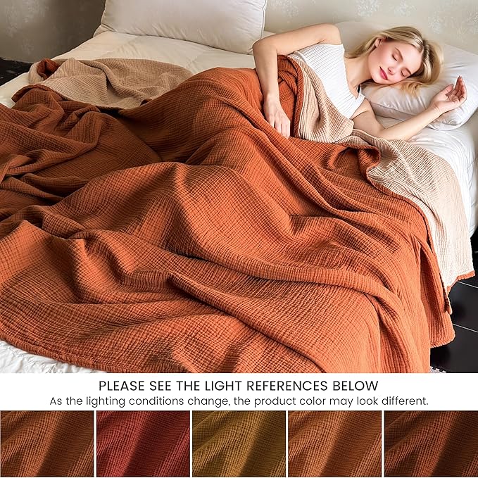 FALUCA Cotton Muslin Reversible Blanket King Size for Bed, Couch, Four Layers Blanket, Soft Lightweight Cozy Breathable Farmhouse Decoration for All-Season, Camel