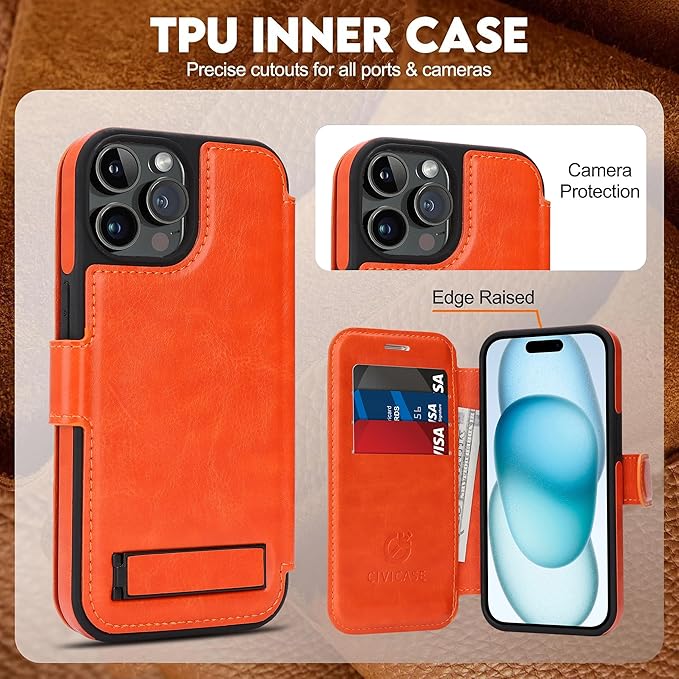 CIVICASE for iPhone 15 Pro Max Wallet Case with Stand,PU Leather Flip Credit Card Holder Slots (RFID Blocking),Compatible with Magsafe Magnetic Holder Phone Cover Women Men,Orange