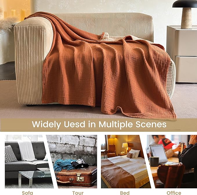 FALUCA Cotton Muslin Reversible Blanket King Size for Bed, Couch, Four Layers Blanket, Soft Lightweight Cozy Breathable Farmhouse Decoration for All-Season, Camel