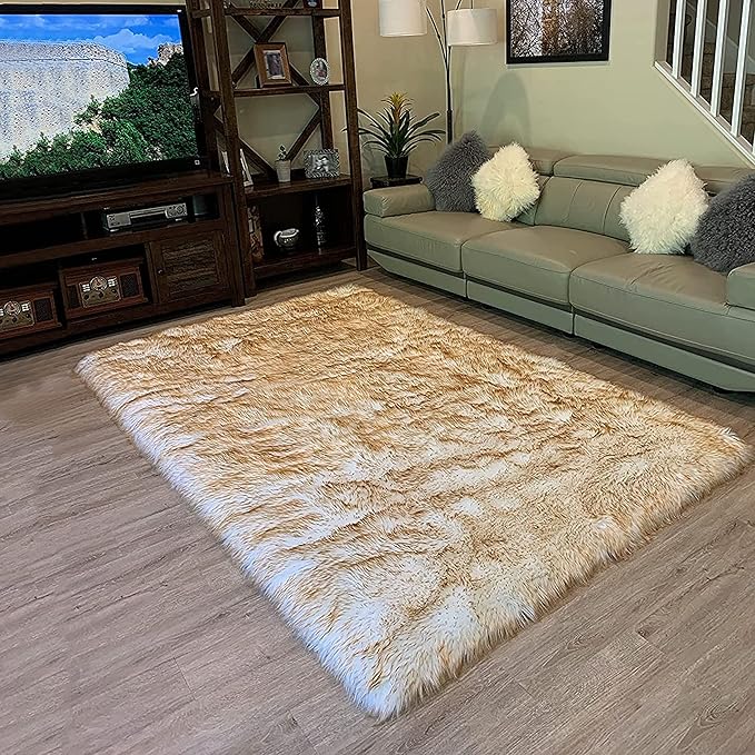 LAMBZY High Pile Super Soft Faux Sheepskin Rug (5'x8', White/Brown Tips)