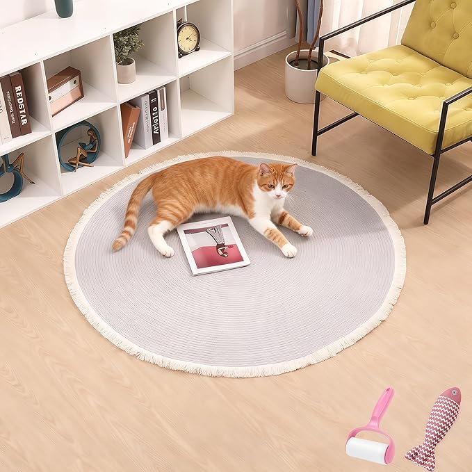 Cotton Rope Area Rug for Cats, Cat Scratching Rug, Washable Round Vintage Reversible Woven Tassel Rug, Soft and Stylish Home Accent, Easy Clean, Multiple Sizes (Gray, 24" (60cm))