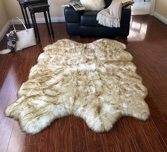 Free Shape Luxury Soft Fluffy Shag Area Rug Single Quarto 4 Pelts 4'x6',120x180 cm - Vegan Fur Ultra Soft Indoor Carpet Nursery Rugs for Bedroom Home Decor, Brown Tips