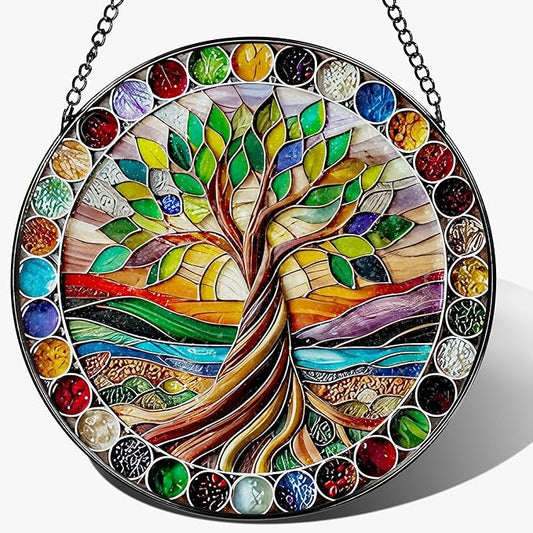 8-Inch Colorful Tree of Life Stained Glass Suncatcher & Ornament – Stained Glass Window Hanging & Decor, Sun Catchers for Windows Indoor, Gifts for Women, Gifts for Christmas, Housewarming Gift