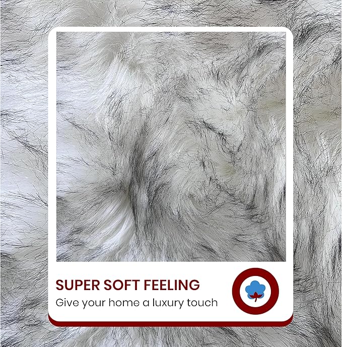Free Shape Luxury Soft Fluffy Shag Area Rug Sexto 6 Pelts 6'x6',180x180 cm - Vegan Fur Ultra Soft Indoor Carpet Nursery Rugs for Bedroom Home Decor, White/Black Tips