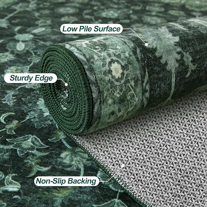 Tangsoo Green 2x6 Runner Rug Non Slip Washable for Kitchen Bathroom, Vintage Floral Boho Rug Runner for Hallway Entryway, Low Pile Carpet Door Mat Indoor Entrance for Bedroom Laundry Pet&Kids Friendly