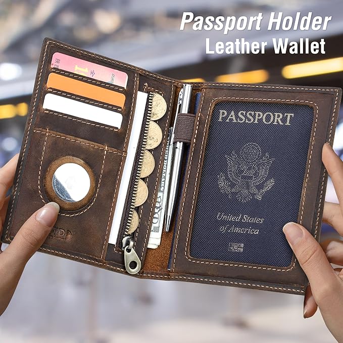 Top Grain Leather Single Travel Passport Wallet Embossing Badge for Unisex, Folio Design for Passport & Multi Cards, RFID Blocking for Passport/Cards/Checks/Bills/AirTag, Coffee Default, IL