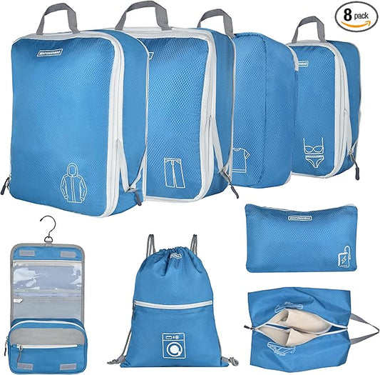 8 Set Expandable Compression Packing Cubes for Suitcases Travel Essentials Carry On Waterproof Storage Bag With Dry And Wet Separation Blue