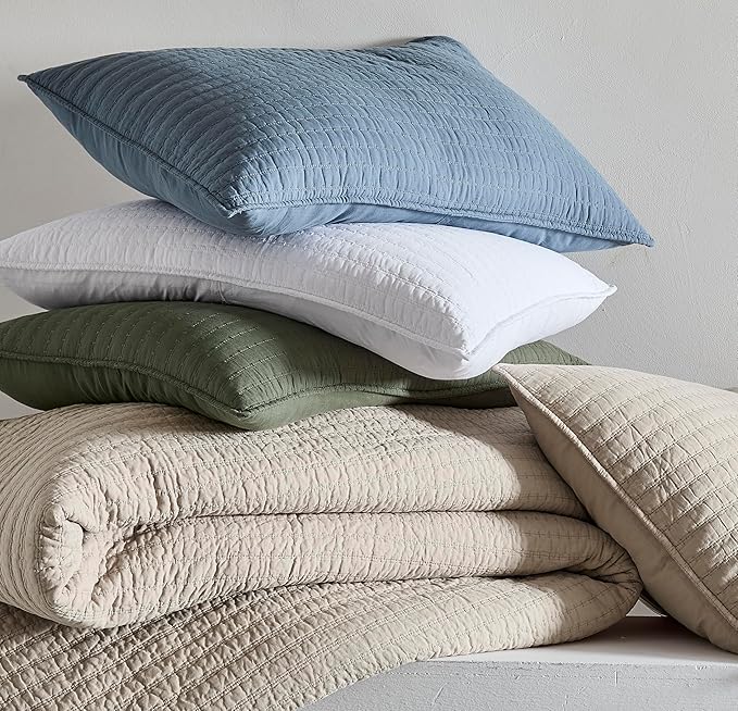 WDCOZY 100% Cotton Twin Size Quilt Set - Grey Striped Pick Stitch Soft Lightweight Bedspread, Textured Like Linen, Farmhouse Country Rustic Coverlet, Shabby Chic Gauze Bedding, 2 Pieces