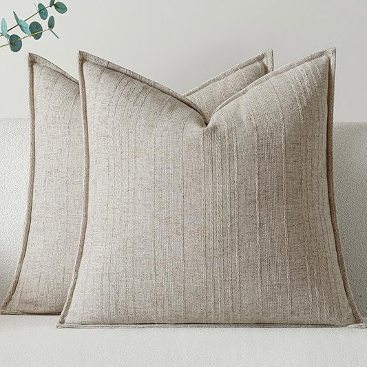 a moment Linen Pillow Covers Set of 2,Boho Farmhouse Throw Pillowcases Neutral Textured Decorative Covers for Couch Sofa Bed, Soft Linen Blend Accent Case Cushion Living Room Home Decor 20"x20"Khaki