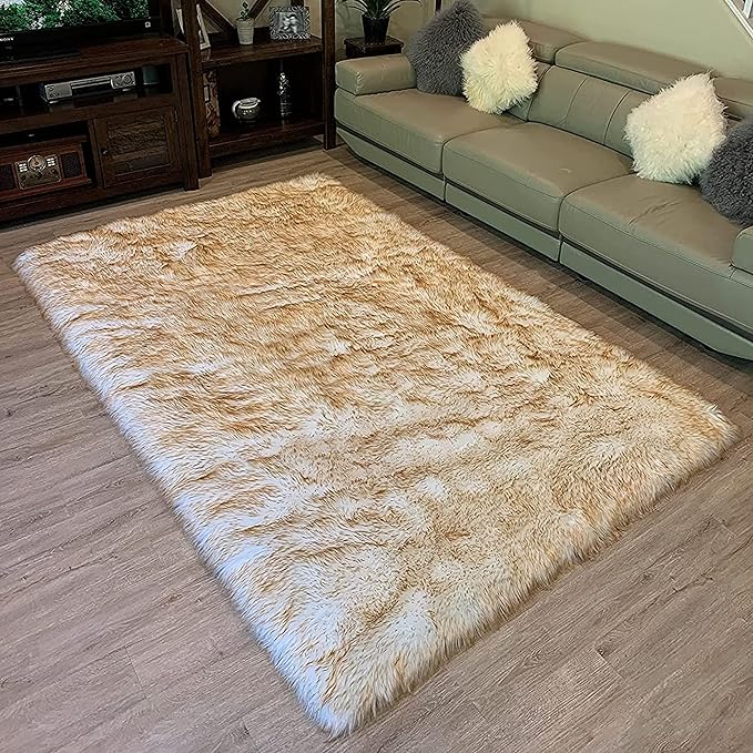 LAMBZY High Pile Super Soft Faux Sheepskin Rug (4'x6', White/Brown Tips)