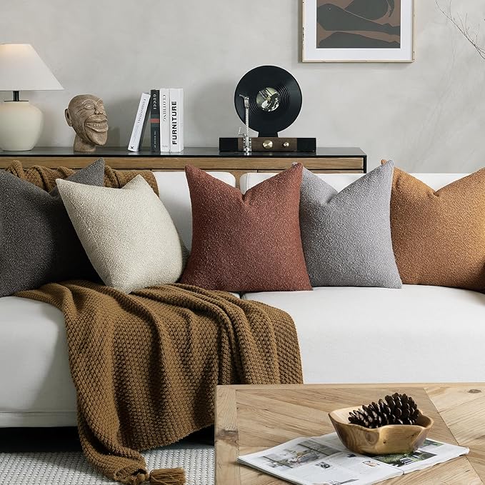 Throw Pillow Covers 24 x 24 Inch Set of 2, Beige Decorative Accent Solid Boucle Textured Pillow Cover, Cozy Neutral Cushion Pillow Cases for Living Room, Sofa, Chair, Bedroom, Home Decor