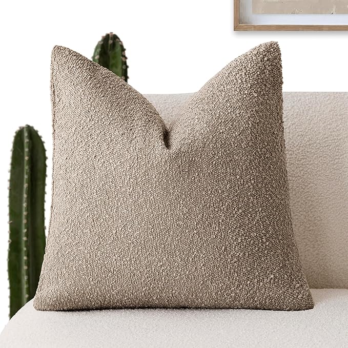 Foindtower Decorative Textured Boucle Throw Pillow Covers Accent Solid Pillow Cases Neutral Soft Cozy Couch Cushion Case for Chair Sofa Bedroom Living Room Home Decor 18x18 Inch,1PC,Light Khaki Tan