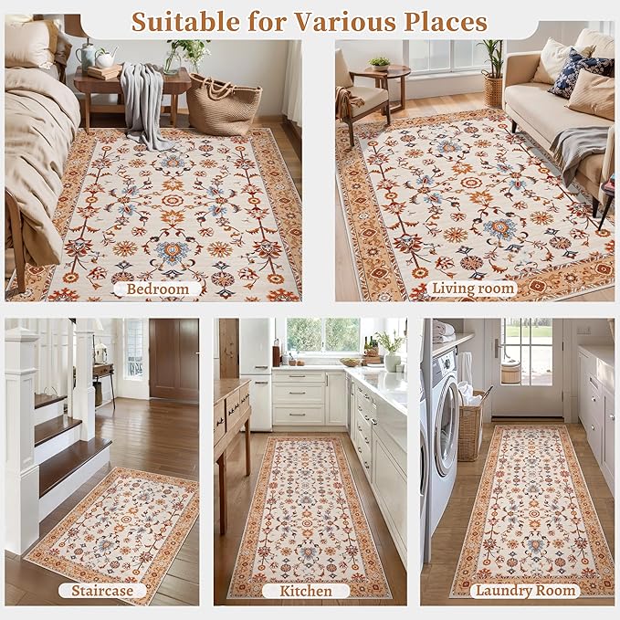 Tangsoo Floral Area Rug 3x5 Machine Washable Orange Rug Non-Slip Vintage Distressed Boho Print, Soft Low Pile Carpet for Living Room, Bedroom, Dining Room, Pet & Child Friendly (Orange Home Decor)