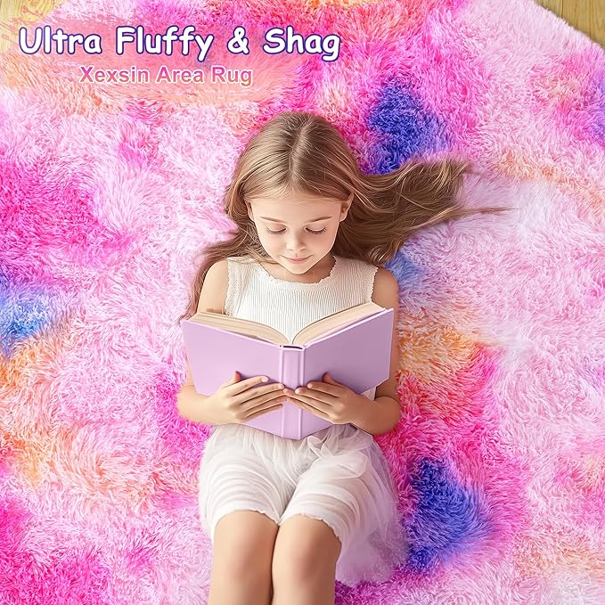 Round Fluffy Rugs 7Ft for Girls Bedroom, Dark Rainbow Shag Circle Kids Rug Non-Slip for Bedside Dorm Nursery Playroom, Soft Cute Area Rugs for Living Room Decor