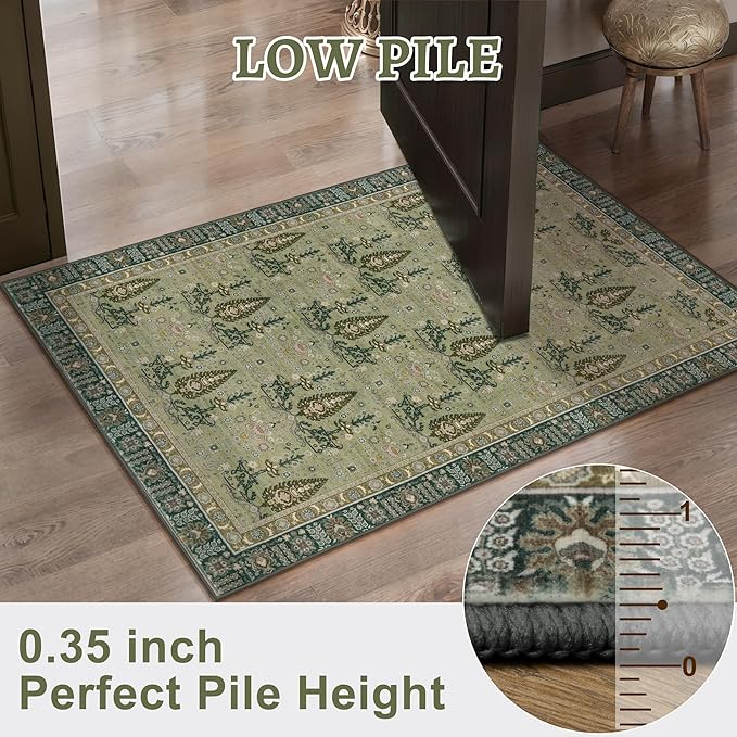 Tangsoo 2x3 Small Washable Entry Rug, Vintage Boho Green Floral Rug for Entryway Bedroom Entrance, Non Slip Soft Low Pile Door Mat Throw Carpet for Kitchen Bathroom Foyer Decor