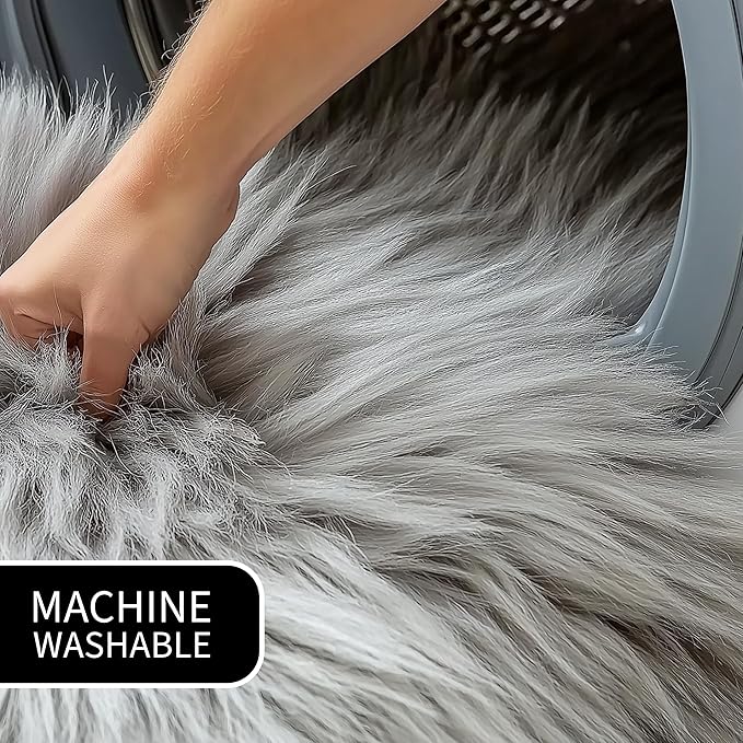 Gray Faux Fur Shaggy Rug - Oversized 6ft x 9ft Super Soft Living Room Carpet - Gray Decor for Bedroom