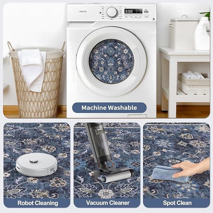 Tangsoo Washable Area Rugs 3x5 Non Slip, Boho Distressed Vintage Blue Floral Throw Rug for Bedroom Entryway, Soft Low Pile Floor Carpet Indoor Mat for Entrance Bedside Kitchen Nursery Office Farmhouse