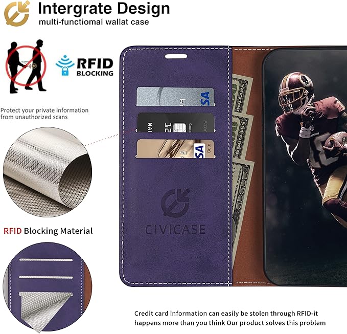 CIVICASE for iPhone 14 Wallet Case,Leather Flip Case [RFID Blocking] Credit Card Holder Folio Magnetic Stand TPU Shockproof Cover Color Matching for iPhone 14 (6.1") Purple Blue