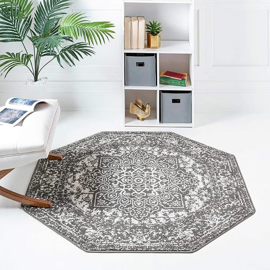 Rugs.com Arlington Collection Rug – 8 Ft Octagon Dark Grey Medium-Pile Rug Perfect for Living Rooms, Kitchens, Entryways