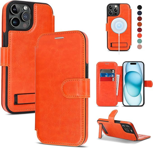 CIVICASE for iPhone 14 Pro Max Wallet Case with Stand,PU Leather Flip Credit Card Holder Slots (RFID Blocking),Compatible with Magsafe Magnetic Holder Phone Cover Women Men,Orange