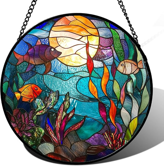 Stained Glass Window Hanging - Blue Ocean World Small Fish Coral Sun Catcher for Door Garden Home Decor Sea Suncatcher Christmas Mother's Day Birthday Gifts for Women Men Mom Nana 9.8 in