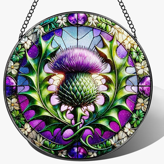 Stained Glass Window Hanging, 8 Inch Thistle Suncatcher, Sun Catchers Indoor Window, Windows Hanging Decor and Holiday, Christmas, Mother's Day, Birthday, Gifts for Mom, Grandma, Friend, Couple, Lover