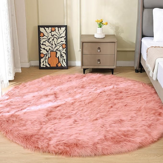 Pink Plush Round Rugs 6ft Large Washable Faux Fur Area Rugs for Living Room Boho Circle Fluffy Sheepskin Fur Rug for Nursery