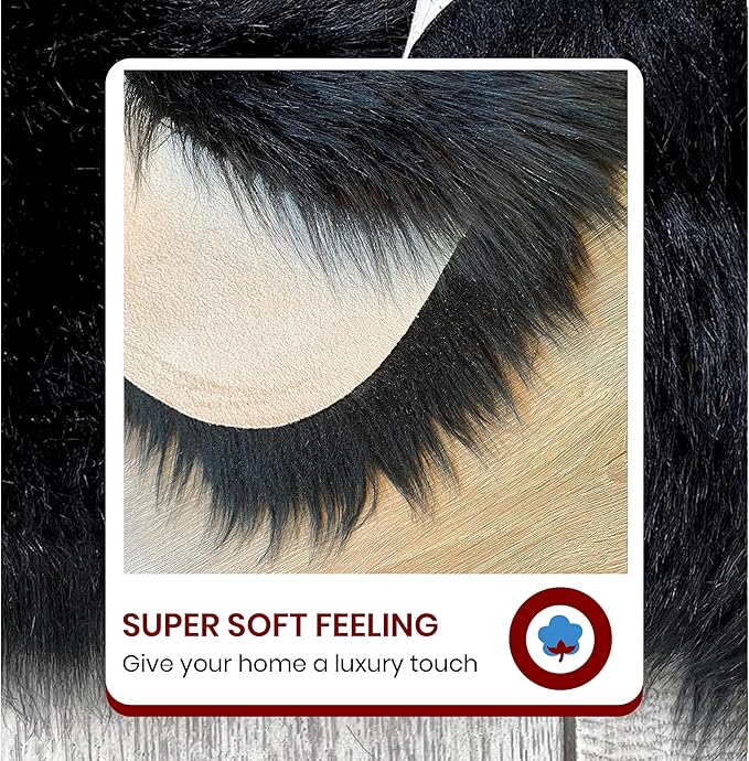 LAMBZY Faux Sheepskin Super Soft Hypoallergenic Silky Shag Rug for Living Room, Kids Room, Sofa (Duo Decto 12 Pelts 6'x12', Black)