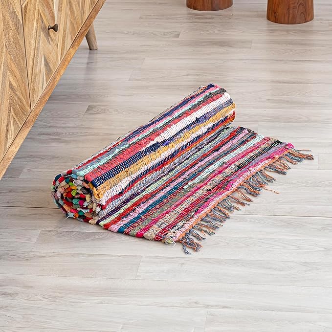 HOMEMONDE Reversible Chindi Rag Rug with Decorative Tassels | 20x32 Inches Hand-Braided Multicolor Cotton Entryway Doormat | Boho Style for Kitchen, Living Room, Bedroom, and Any Space