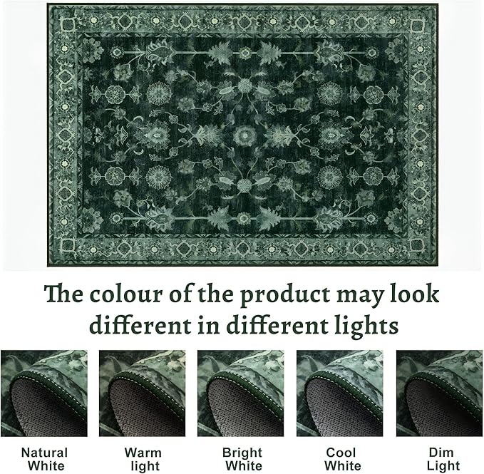 Tangsoo Green 2.6x8 Long Runner Rug Non Slip for Hallway, Washable Vintage Floral Boho Rug Runner for Kitchen Bathroom, Low Pile Carpet Door Mat Indoor Entrance for Bedroom Laundry Pet&Kids Friendly