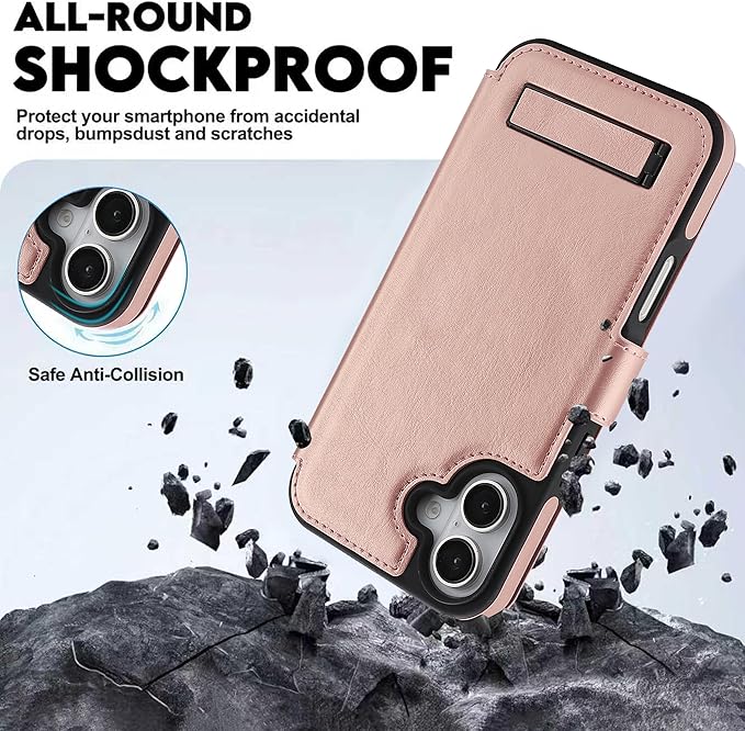 CIVICASE for iPhone 17 Wallet Case with Stand,PU Leather Flip Credit Card Holder Slots (RFID Blocking),Compatible with Magsafe Magnetic Holder Phone Cover Women Men,Rose Gold