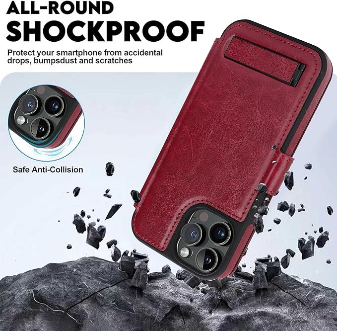 CIVICASE for iPhone 15 Pro Max Wallet Case with Stand,PU Leather Flip Credit Card Holder Slots (RFID Blocking),Compatible with Magsafe Magnetic Holder Phone Cover Women Men,Wine Red
