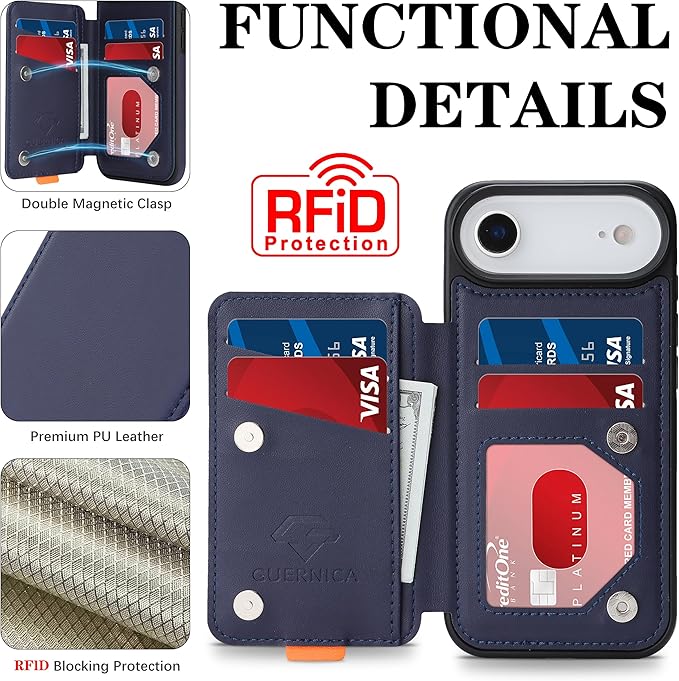 GUERNICA for iPhone 17 Air (6.7") Case Wallet with Card Holder, RFID Blocking Leather Protection, Shockproof Women Men Phone Case for iPhone Air, Blue