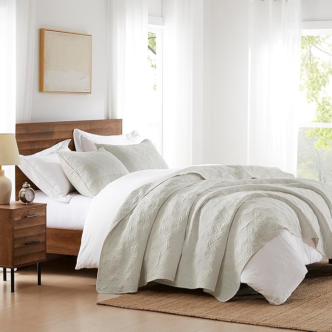 WDCOZY 100% Cotton Twin Size Quilt Set - Beige Pre-Washed Soft Lightweight Modern Bedspread, Farmhouse Country Rustic Coverlet, Textured Like Linen, Shabby Chic Gauze Bedding, 2 Pieces