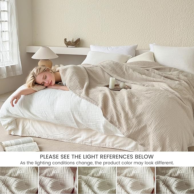 FALUCA Cotton Muslin Reversible Blanket Twin Size for Bed, Couch, Four Layers Blanket, Soft Lightweight Cozy Breathable Farmhouse Decoration for All-Season, Khaki
