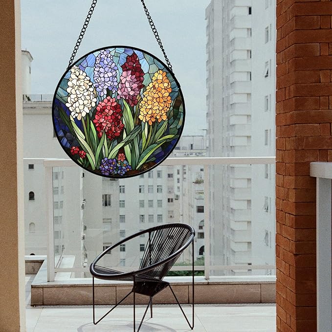 DASTOLL Stained Glass Window Hanging, Colorful Hyacinth Flowers Suncatcher for Doors Window Home Plant Sun Catchers Decoration Mother's Day Birthday Gifts for Women, Men, and Mom 7.8x7.8 in
