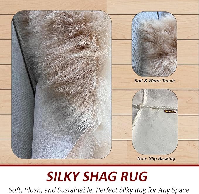LAMBZY Faux Sheepskin Super Soft Hypoallergenic Silky Shag Rug for Living Room, Kids Room, Sofa (Duo Decto 12 Pelts 6'x12', Beige)