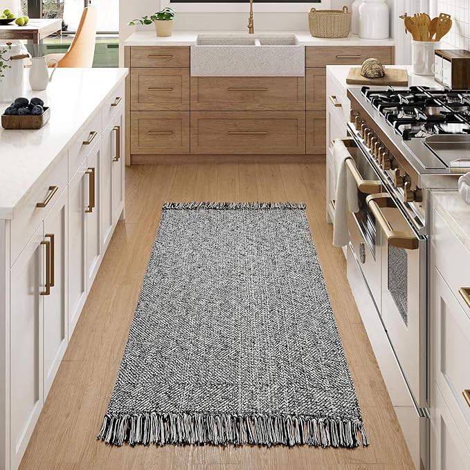 Collive Washable Area Rug 3' x 5', Modern Woven Kitchen Rugs, Black/Cream Braided Cotton Rug Indoor Door Mat Throw Carpet for Entryway Living Room Nursery Mudroom Laundry Room