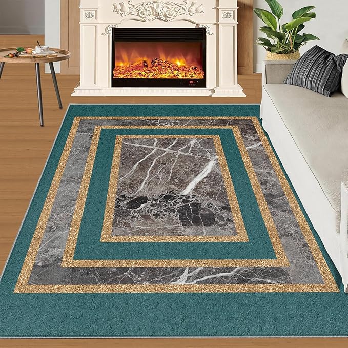 Emerald Green Marble Rug Luxury Teal Marble Area Rug Gilded Geometric Carpet Vintage Stone Crack Carpet for Bedroom Bedside Living Room 3x5ft