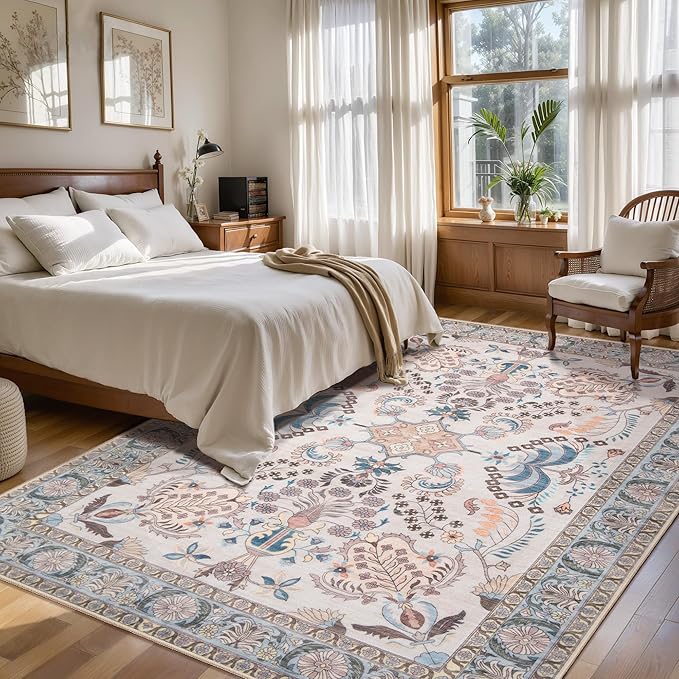 Tangsoo 5x7 Washable Area Rug, Non Slip Boho Floral Rug for Living Room Bedroom, Vintage Neutral Soft Low Pile Floor Indoor Carpet for Bathroom Office Laundry Kid & Pets Friendly Home Decor